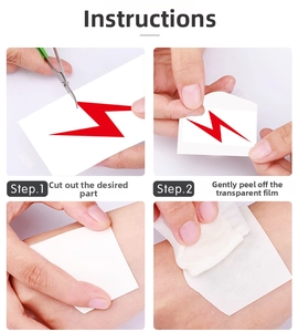 Instructional macro view of cutting and peeling the red lightning temporary tattoo