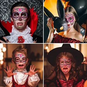 Luminous Halloween face tattoos with Day of the Dead sugar skull and spider web designs