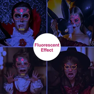 Luminous Halloween face tattoos with skull and floral designs for glow-in-the-dark parties