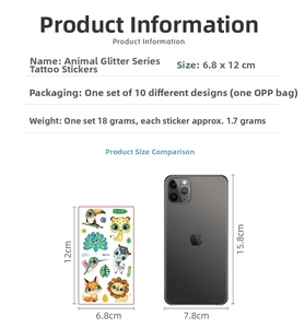 Size comparison of 6.8x12cm animal glitter tattoo stickers next to a mobile phone