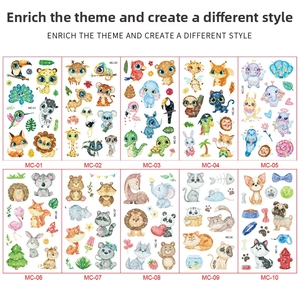 Detailed set of 10 glitter cartoon animal tattoo stickers including lions and foxes