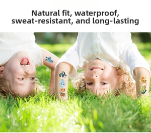 Waterproof cartoon animal temporary tattoos on kids playing outdoors in the sun