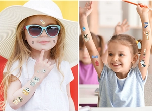 Detail of colorful waterproof glitter animal temporary tattoos on children's arms and face