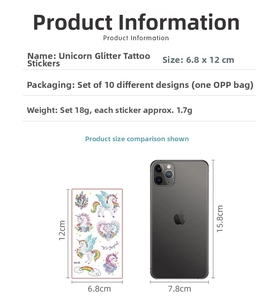 Detailed size comparison of 10-pack glitter unicorn tattoo stickers for kids party