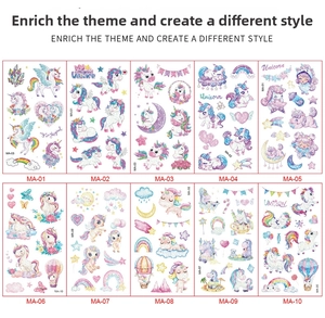 Detailed grid showing 10 sheets of glitter unicorn temporary tattoos for kids party favors