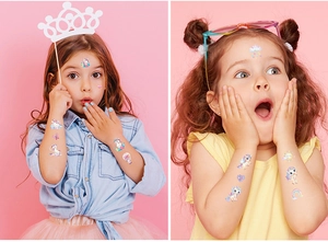 Glittering unicorn temporary tattoos on child face and arm for party fun
