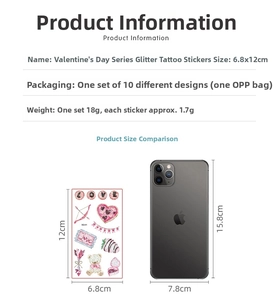 Size comparison of 10-piece colorful glitter Valentine heart tattoos measuring 6.8x12cm