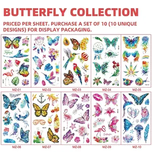 Set of 10 glitter butterfly and tropical bird temporary tattoo stickers for children