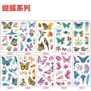 Set of 10 glitter butterfly and tropical bird temporary tattoo stickers for children