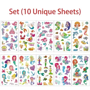 Detail view of 10 glitter mermaid temporary tattoos with colorful ocean creatures