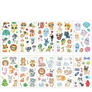 Detailed grid view of ten glittery cartoon animal temporary tattoo sheets for kids