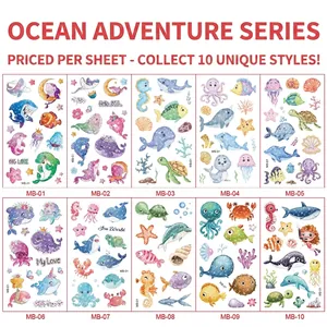 Macro view of ocean themed cartoon temporary tattoos with colorful glitter details