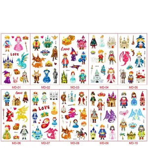 Glittery princess castle cartoon tattoo stickers for kids featuring unicorns and dragons