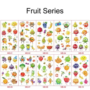 Detail of 10 glittery fruit cartoon temporary tattoos showing sparkling textures