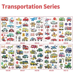 Detailed set of 10 cartoon transport stickers featuring police cars and fire trucks
