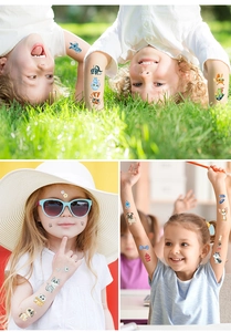 Kids temporary glitter tattoos with colorful cartoon animals shown on child skin in play scenes