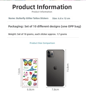 Size comparison of 10-piece butterfly glitter tattoo set next to a smartphone
