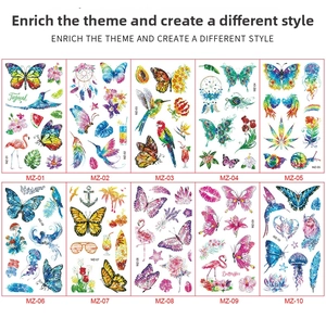 Macro display of ten colorful glitter butterfly and floral temporary tattoo designs