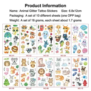 Colorful glitter cartoon animal temporary tattoos for kids waterproof party favor set