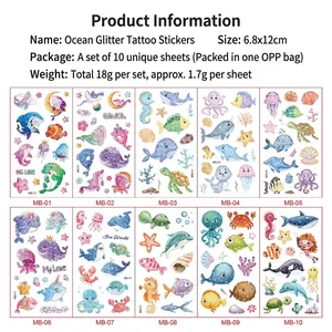 Lot de 10 tatouages pailletés océan pour enfants avec requins et tortues de mer