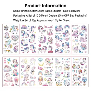 Glitter unicorn temporary tattoos for kids 10 sheets colorful waterproof party stickers