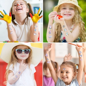 Colorful glitter unicorn temporary tattoos for kids with rainbow and star patterns
