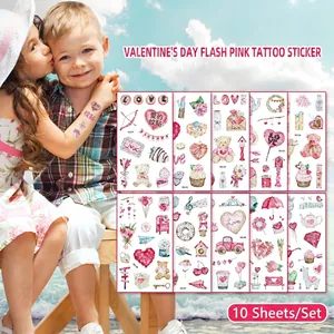 Waterproof Valentine's Day Glitter Temporary Tattoo Stickers Cartoon Heart Teddy Bear Love Fake Tattoos For Kids Party