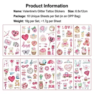 Set of 10 glitter Valentine's Day temporary tattoos with hearts and teddy bears, 6.8x12cm
