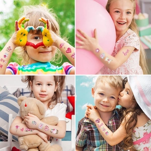 Colorful glitter temporary tattoo stickers for kids featuring heart and rainbow designs