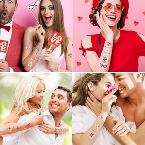 Colorful glitter Valentine heart temporary tattoo stickers with roses and teddy bears