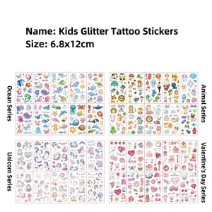 Kids glitter cartoon temporary tattoos featuring ocean and unicorn patterns 10 sheets set