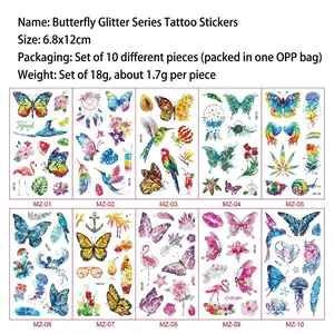Set of 10 glitter butterfly tattoo stickers with floral and bird designs, 6.8x12cm