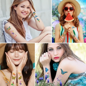 Colorful temporary butterfly and floral tattoo stickers displayed on models in daily scenes