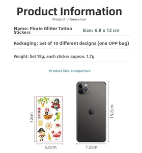 Detail view of colorful glitter pirate tattoos with product size comparison chart