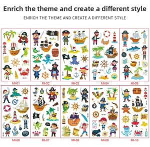 Detailed grid view of ten different colorful pirate cartoon glitter tattoo stickers