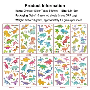 Colorful glitter cartoon dinosaur temporary tattoo stickers set for kids party favors