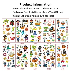 Set of 10 waterproof pirate cartoon glitter tattoo stickers for children's party favors