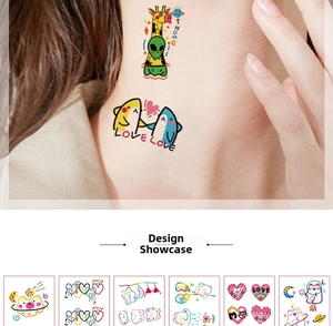 Detailed view of colorful cartoon temporary tattoos featuring cute animals on neck
