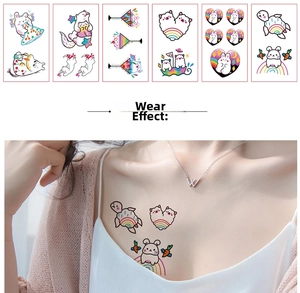 Detailed view of cute cartoon animal temporary tattoos with application effect on skin