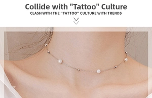 Close-up of minimalist pearl choker necklace on model showing elegant silver beads and pearls