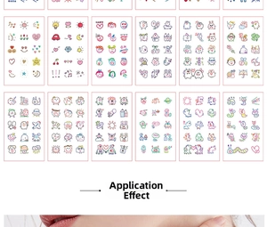 Detail of colorful cartoon temporary tattoos featuring hearts and smiley faces on skin