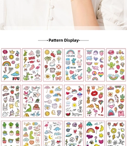 Close-up of 18-grid set featuring colorful rainbow, unicorn, and food cartoon temporary tattoos