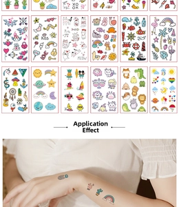 Waterproof temporary tattoo sheets showing 12 cartoon styles and arm placement look
