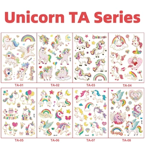 Detail view of 8 colorful holographic unicorn temporary tattoos for kids party