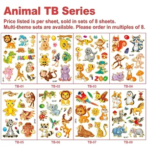 Set of 8 cartoon animal temporary tattoos with laser gold foil for kids parties