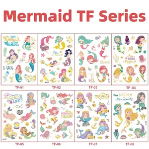 Detailed view of 8 different mermaid temporary tattoo sheets for kids with laser gold finish