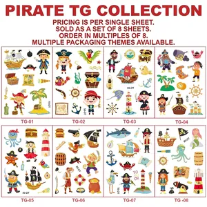 Detailed set of eight colorful cartoon pirate themed temporary tattoos for kids party