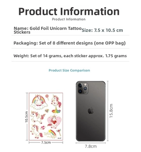 Detail of 8 gold-stamping unicorn temporary tattoos with size comparison to a phone