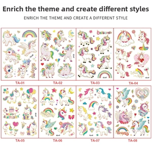 Detail of 8 gold foil cartoon unicorn temporary tattoos with rainbows and stars