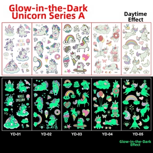 Glow in the dark unicorn temporary tattoos for kids showing day and night luminous effect